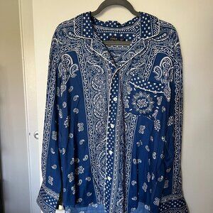 Polo Ralph Lauren Blue and White Print Button Down Blouse Size XL
